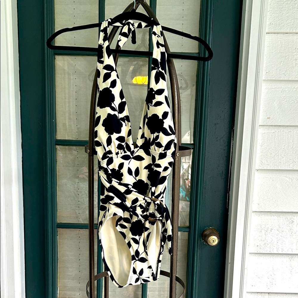 Kate Spade Black and White Floral Halter, Belted  One-Piece Swimsuit size Small
